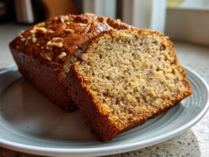 Close-up of a thick slice of moist protein banana bread topped with walnuts, resting next to the loaf.