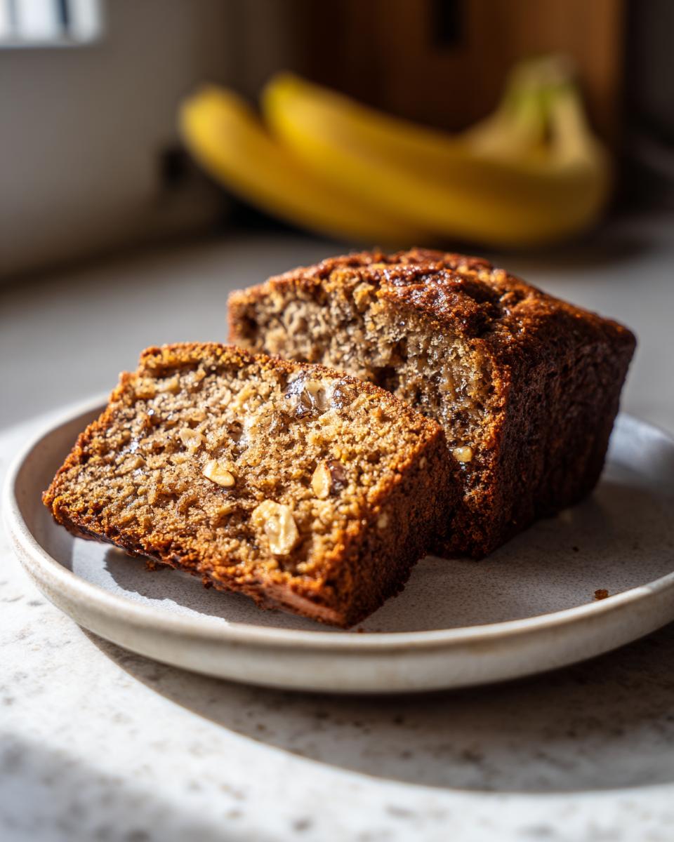 Two slices of moist protein banana bread with visible nuts or oats served on a light ceramic plate, with bananas in the background.
