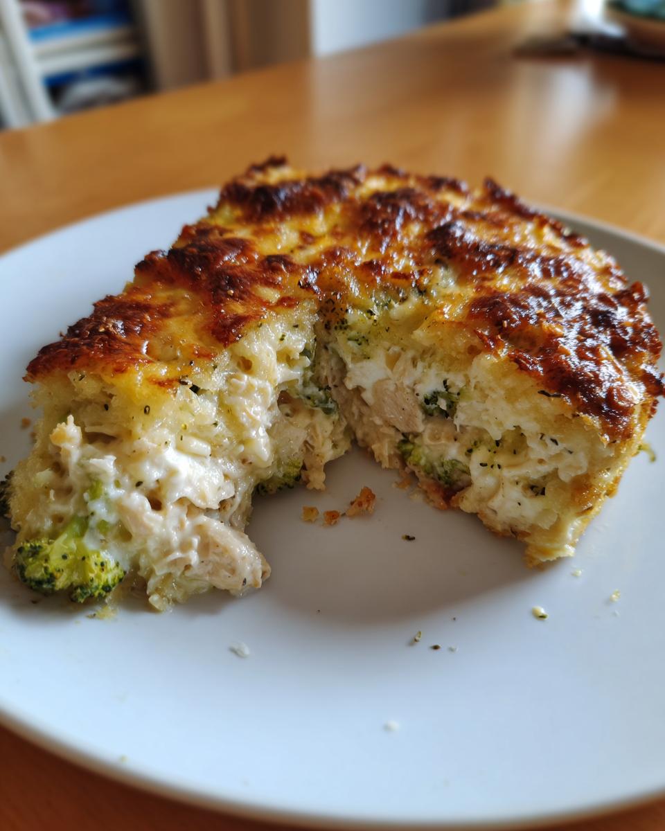 A slice of creamy chicken and broccoli rice casserole with a golden brown, melted cheese topping.
