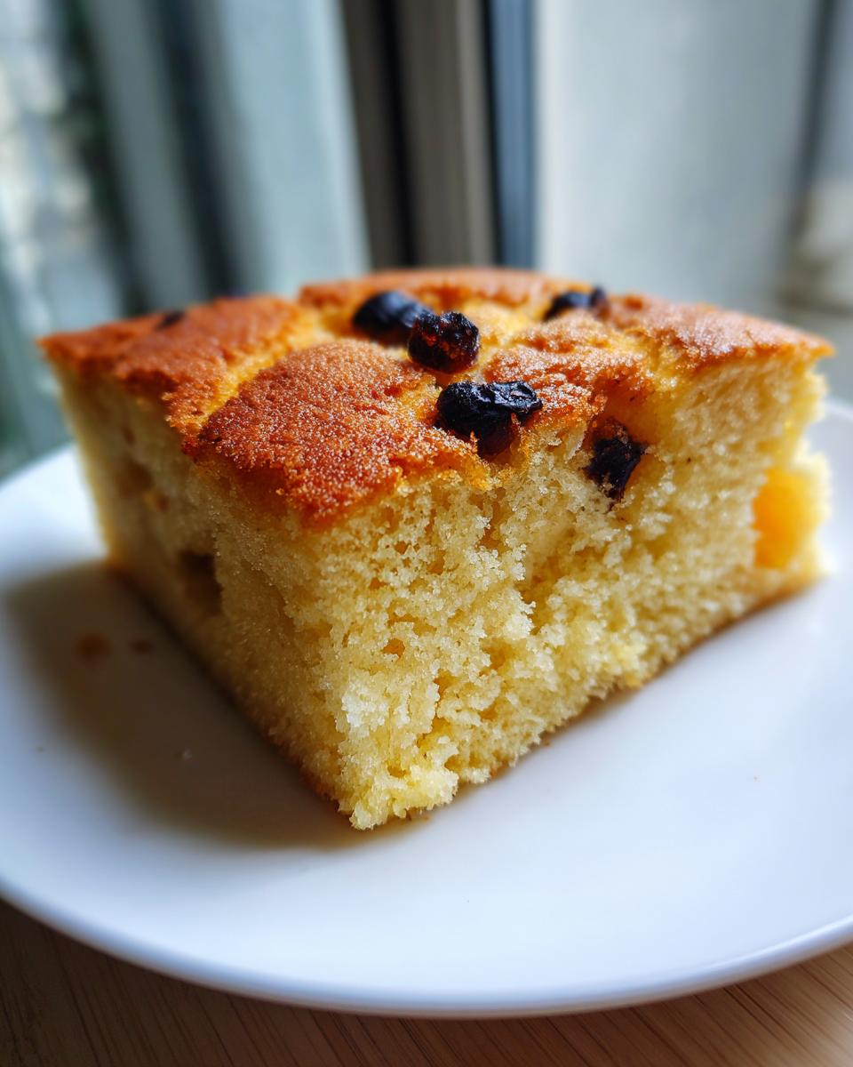 Close-up of a square slice of fluffy sheet pan pancakes topped with dark raisins on a white plate.