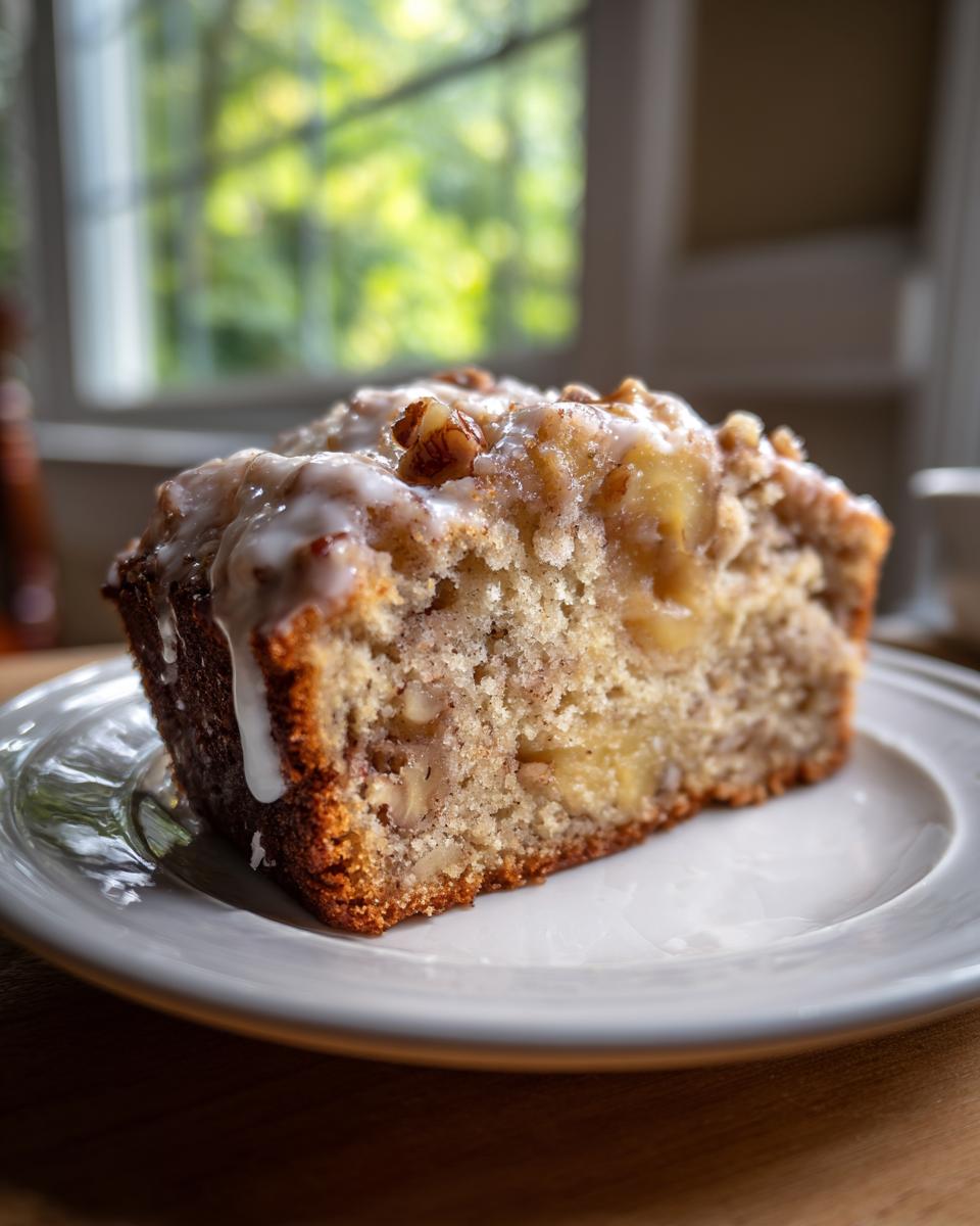 Close-up of a slice of jewish apple cake with visible apple chunks and a sweet white glaze topping.