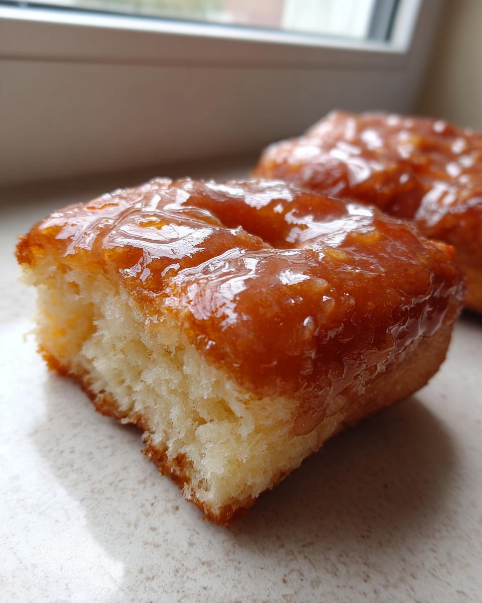A close-up shows a bite taken out of a soft maple donut bar topped with a thick, shiny maple glaze.