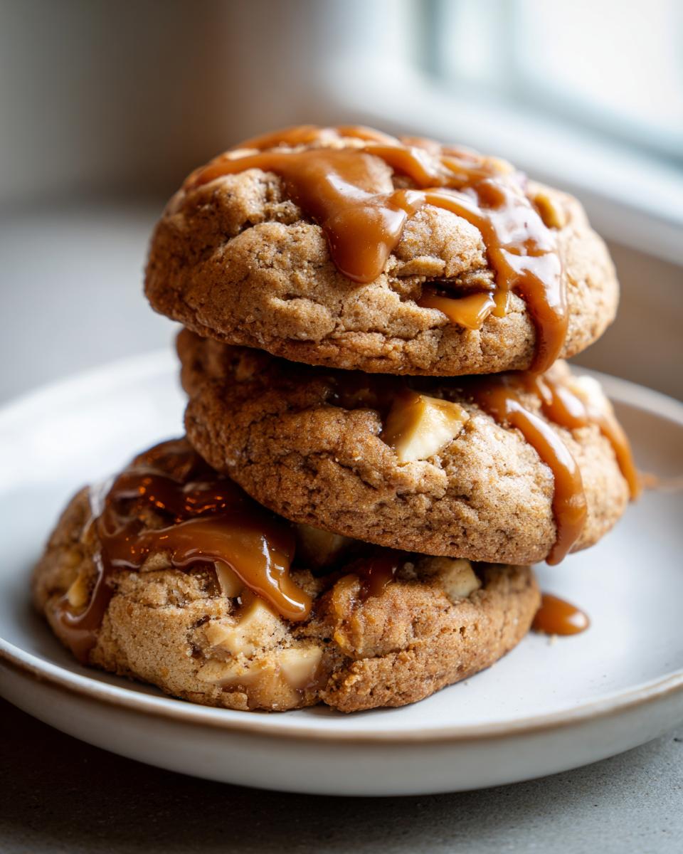 A stack of three soft caramel apple cookies generously drizzled with thick caramel sauce.