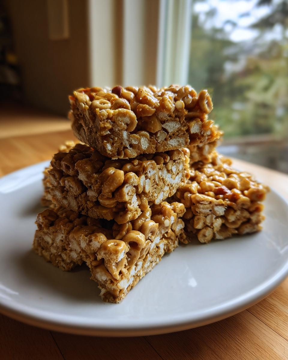 A stack of gooey, peanut-buttery cheerio bars piled on a white plate near a window.