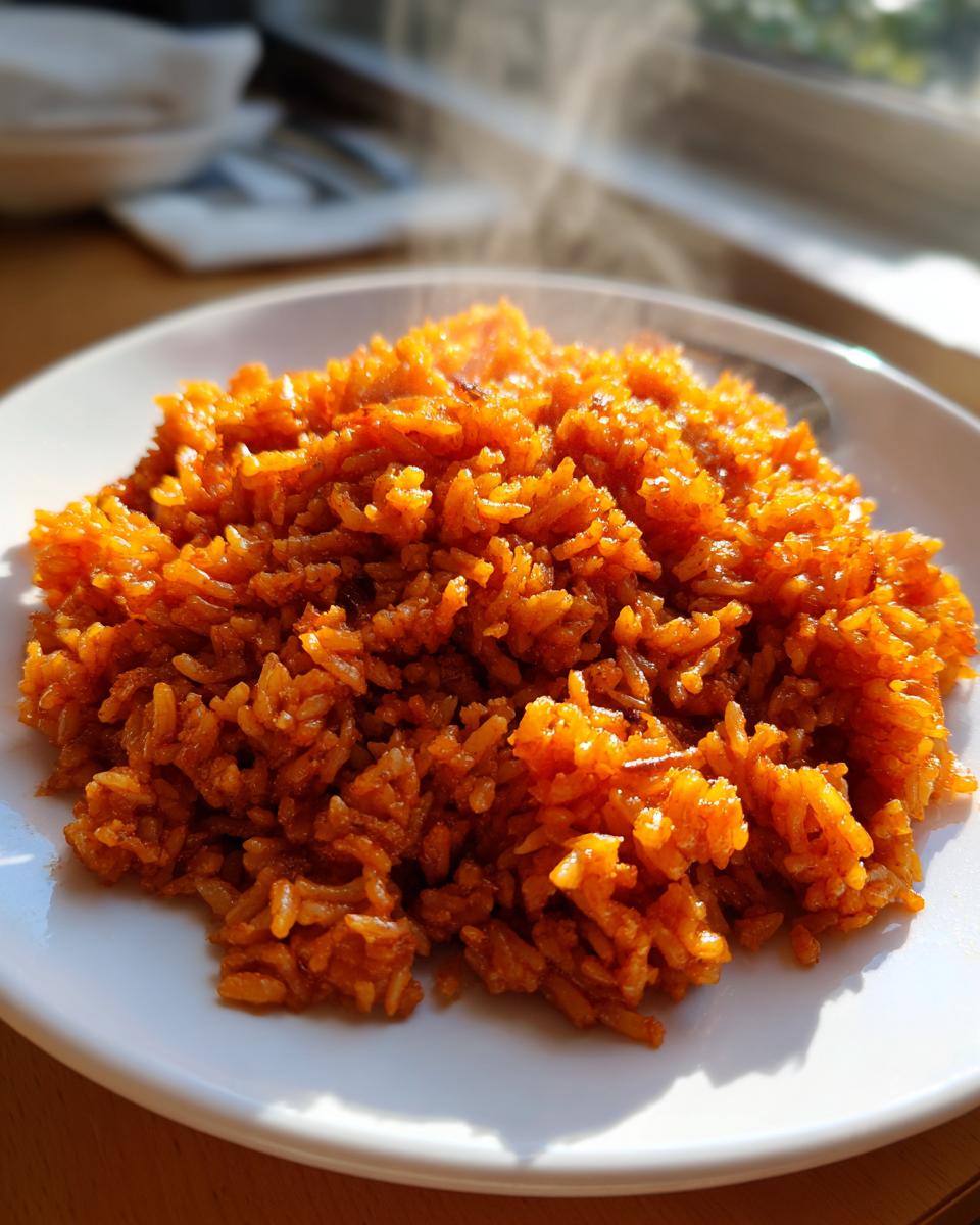 A close-up shot of steaming, bright orange jollof rice served on a white plate.