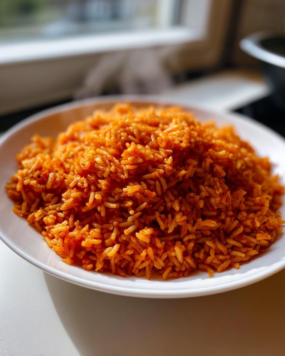 A close-up of a white plate piled high with steaming, vibrant orange-red jollof rice.