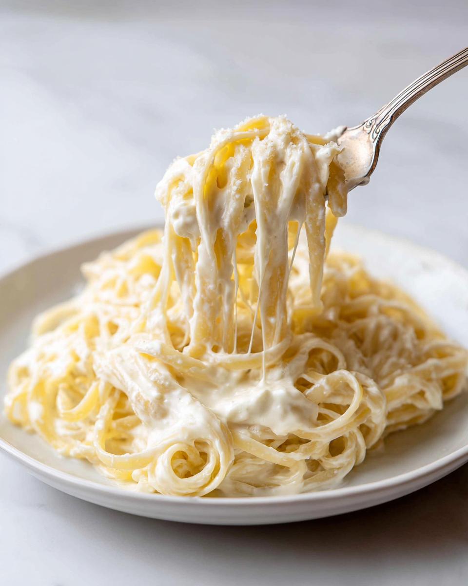 A fork lifts pasta coated in creamy, stretchy cottage cheese alfredo sauce from a white plate.