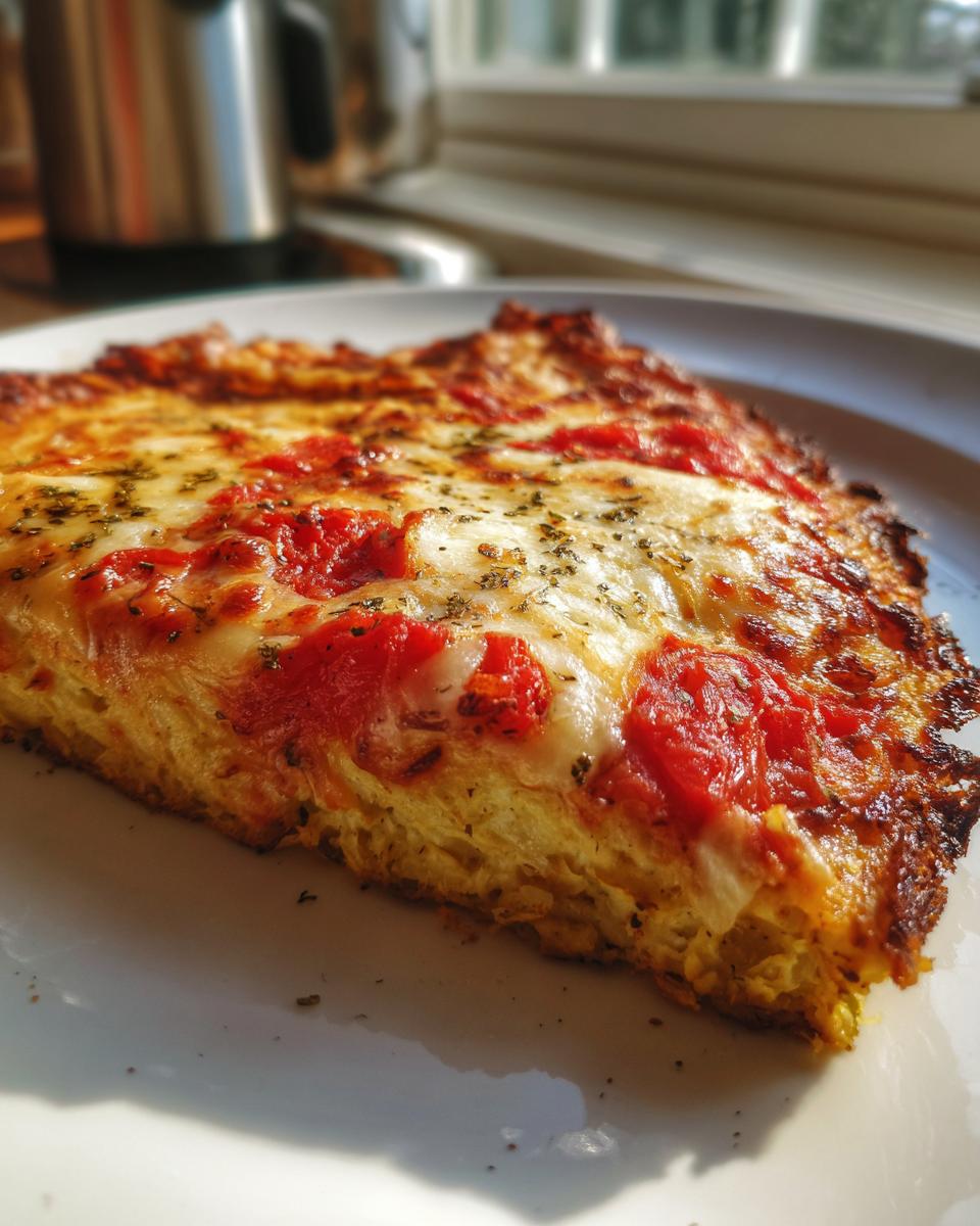 Close-up of a thick slice of cauliflower pizza crust topped with melted cheese and tomato sauce.
