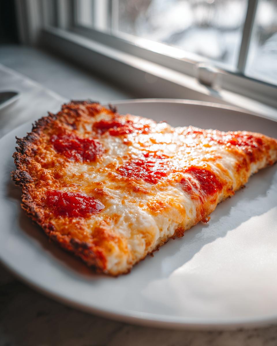 A close-up slice of cheesy pizza made with a sturdy cauliflower pizza crust, resting on a white plate near a window.