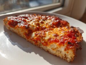 Close-up of a thick slice of pizza showing the sturdy cauliflower pizza crust base topped with sauce and melted cheese.