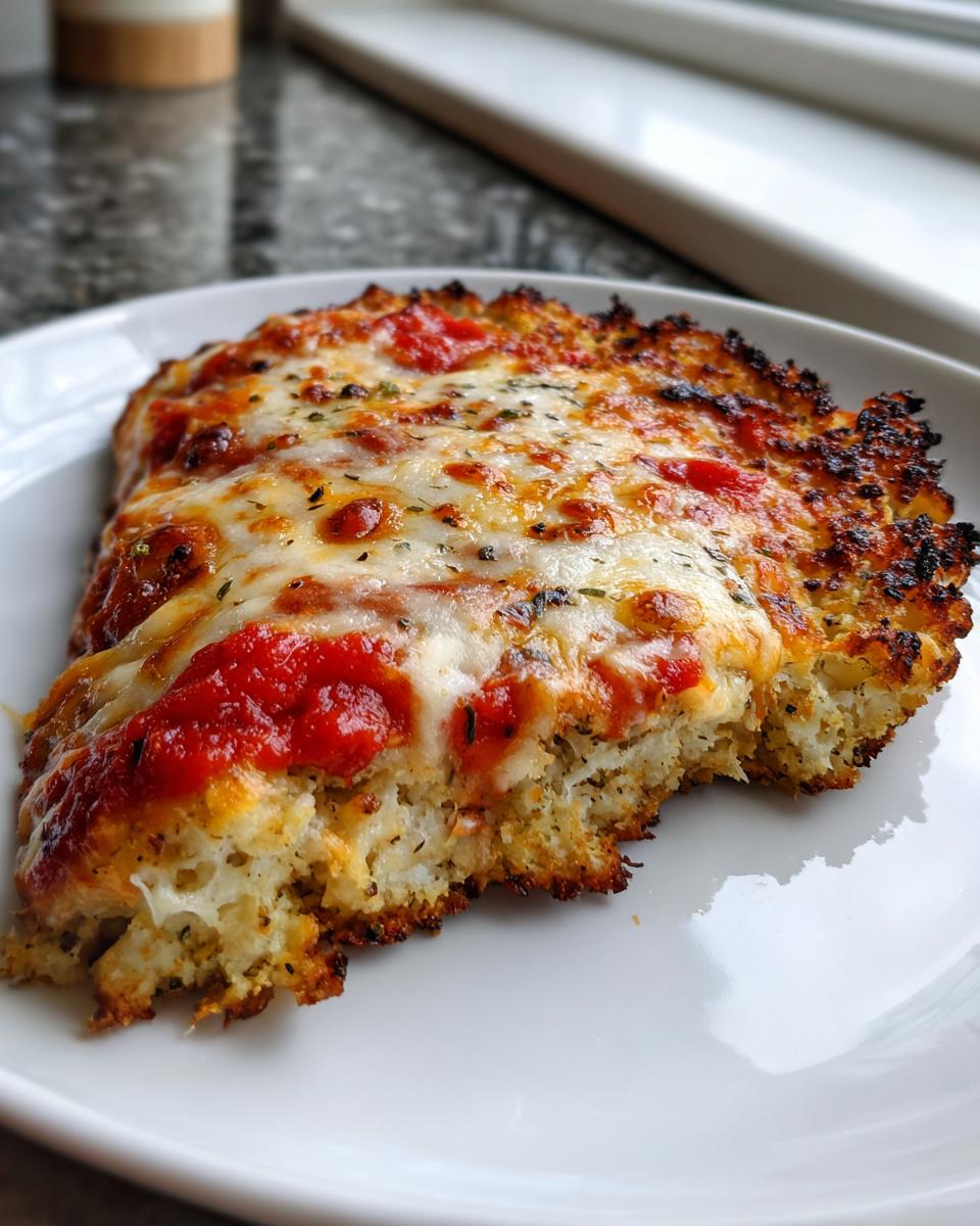 Close-up of a slice of pizza featuring a thick cauliflower pizza crust topped with melted cheese and tomato sauce.