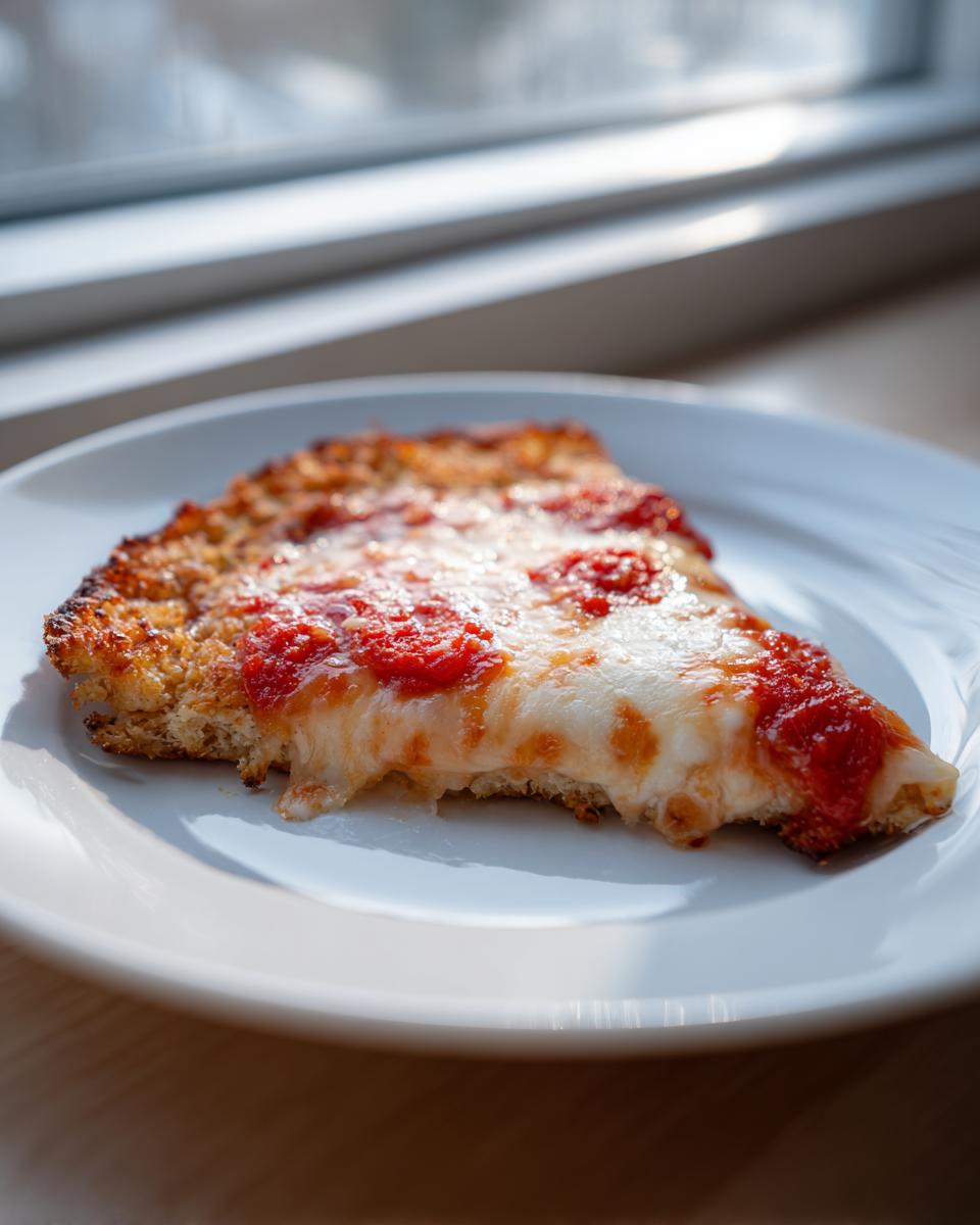 A slice of pizza with melted cheese and tomato sauce resting on a white plate, showcasing the sturdy cauliflower pizza crust.