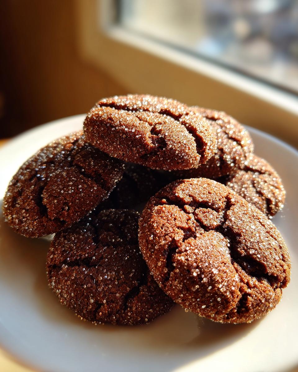 A pile of dark, crinkled molasses cookies coated in sparkling sugar crystals resting on a white plate.