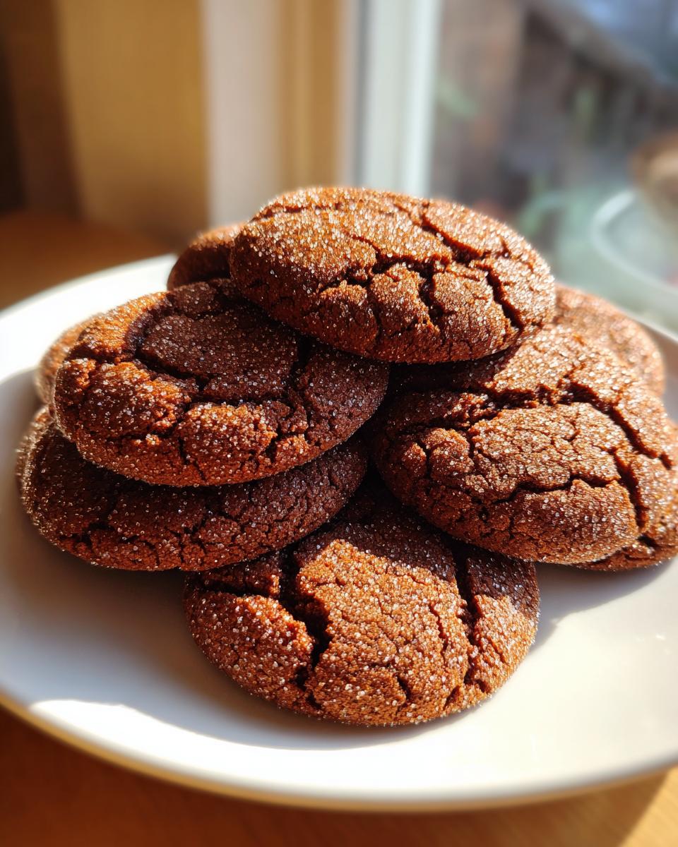 A stack of freshly baked, dark brown molasses cookies coated in sparkling sugar, sitting on a white plate.