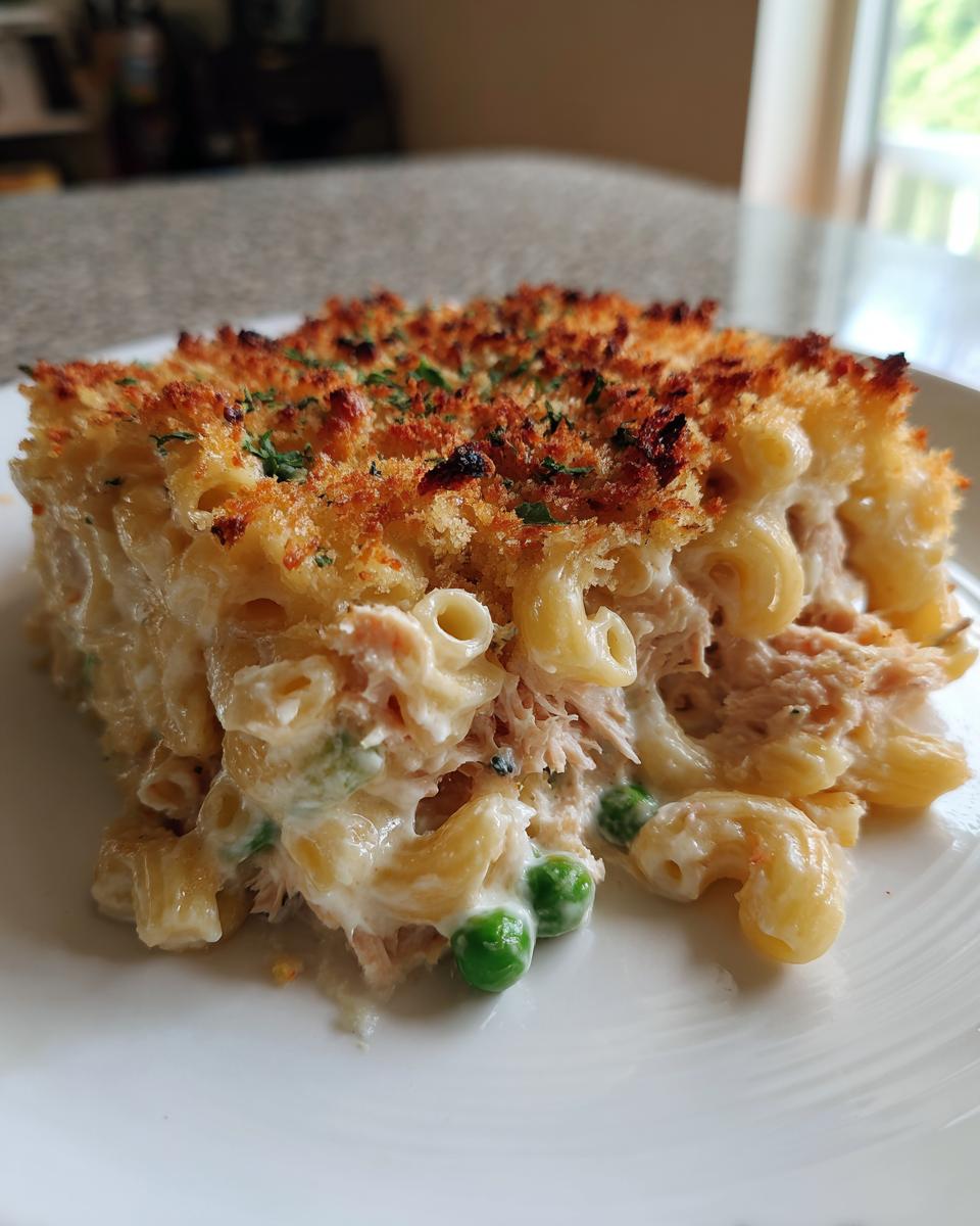 A generous serving of creamy tuna pasta bake with macaroni, peas, and a golden, crispy breadcrumb topping.