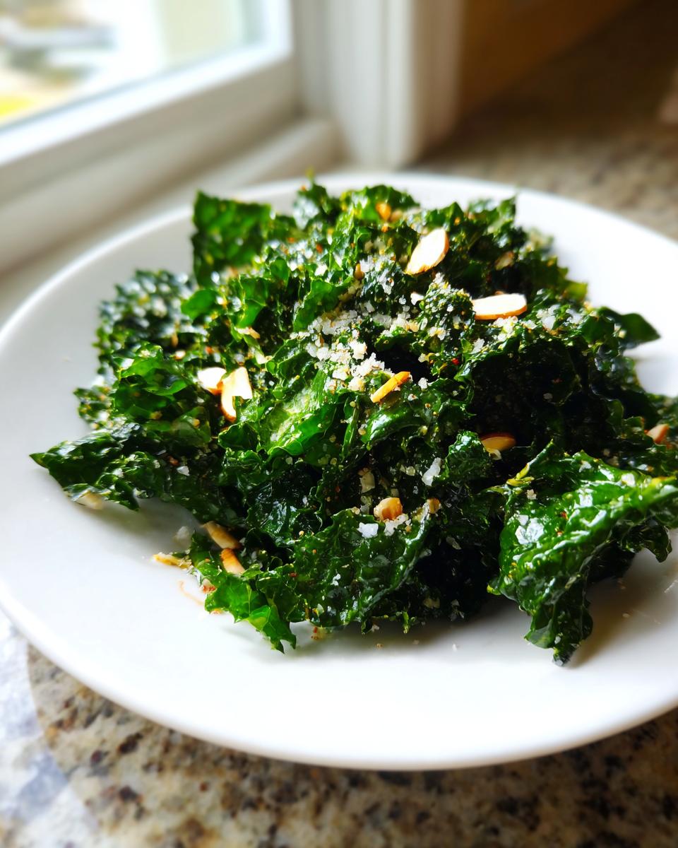 A close-up of a vibrant green kale salad topped with sliced almonds and grated cheese.
