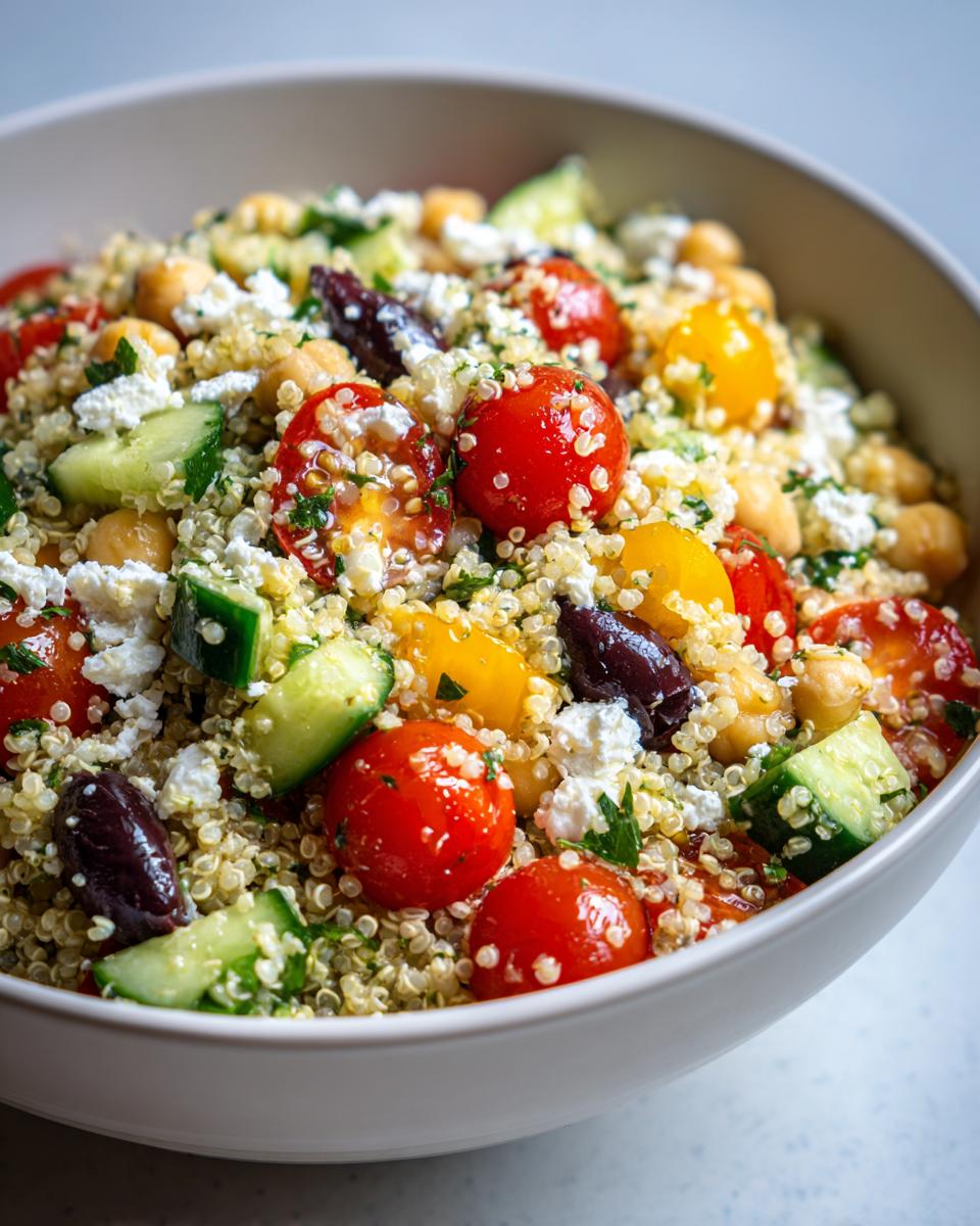 Close-up of a vibrant quinoa salad featuring cherry tomatoes, cucumbers, feta, and olives.