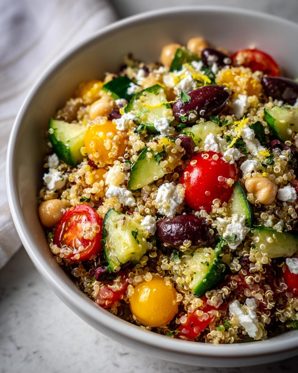 Close-up of a colorful quinoa salad featuring tomatoes, cucumbers, olives, chickpeas, and feta cheese.