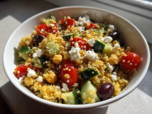 Close-up of a vibrant quinoa salad with cherry tomatoes, cucumber, feta, and olives in a white bowl.