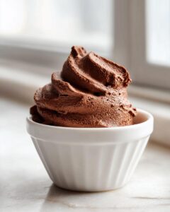 A decadent swirl of rich chocolate mousse served in a small white ramekin, set against a bright window background.