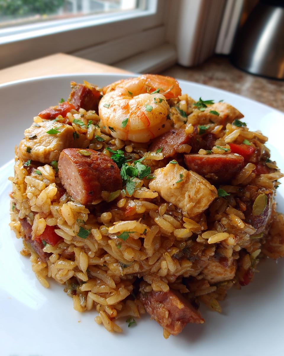 A close-up of a serving of flavorful jambalaya featuring rice, sausage, chicken, and a shrimp on top, garnished with parsley.
