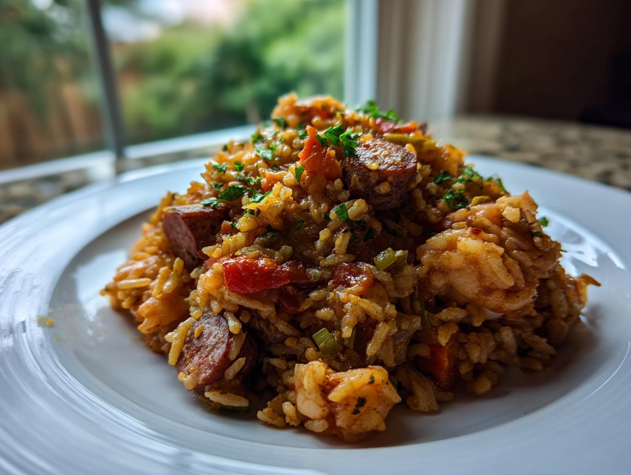 A mound of savory jambalaya featuring shrimp and sausage, garnished with parsley, served on a white plate.