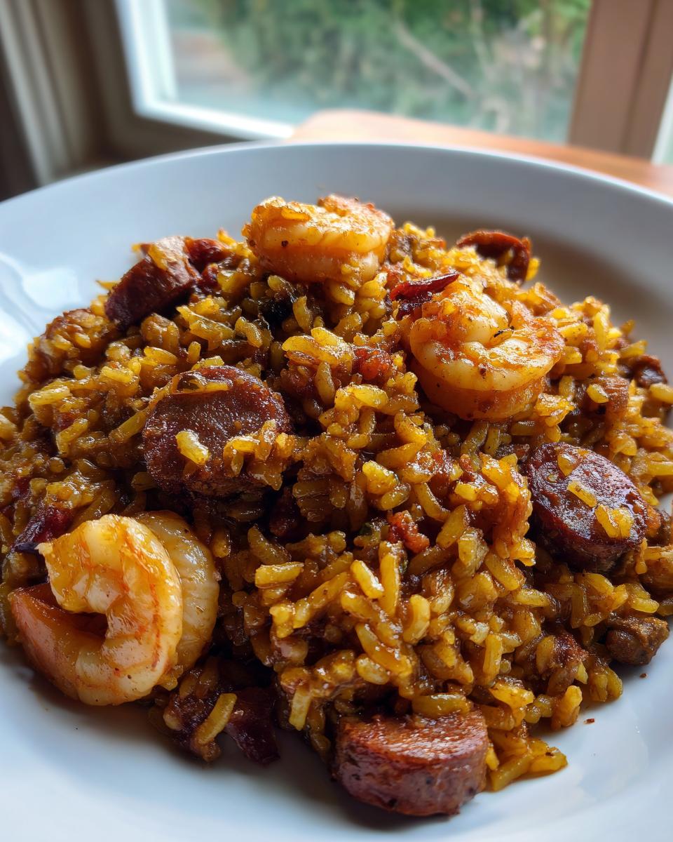 A close-up shot of a hearty bowl of golden brown jambalaya featuring shrimp and sliced andouille sausage.