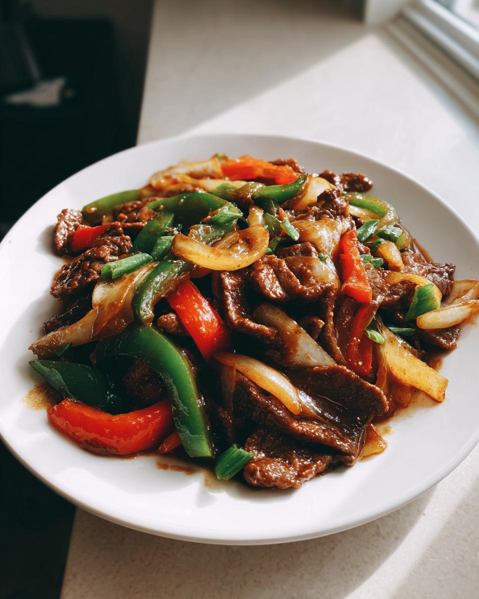 A close-up of vibrant pepper steak stir-fry featuring beef, red and green bell peppers, and onions in a savory sauce.