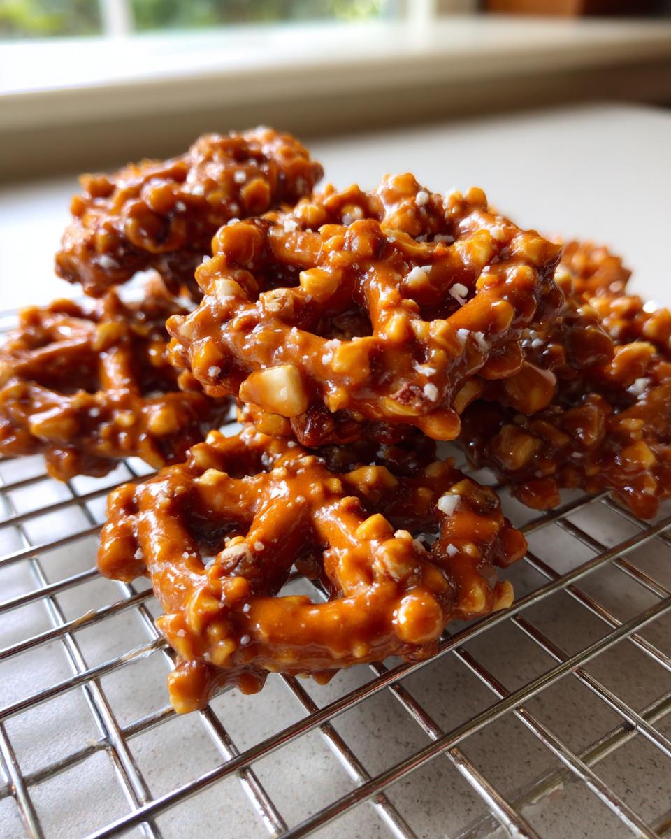 A pile of shiny, caramel-coated toffee pretzels, studded with nuts and sprinkled with sea salt, cooling on a wire rack.