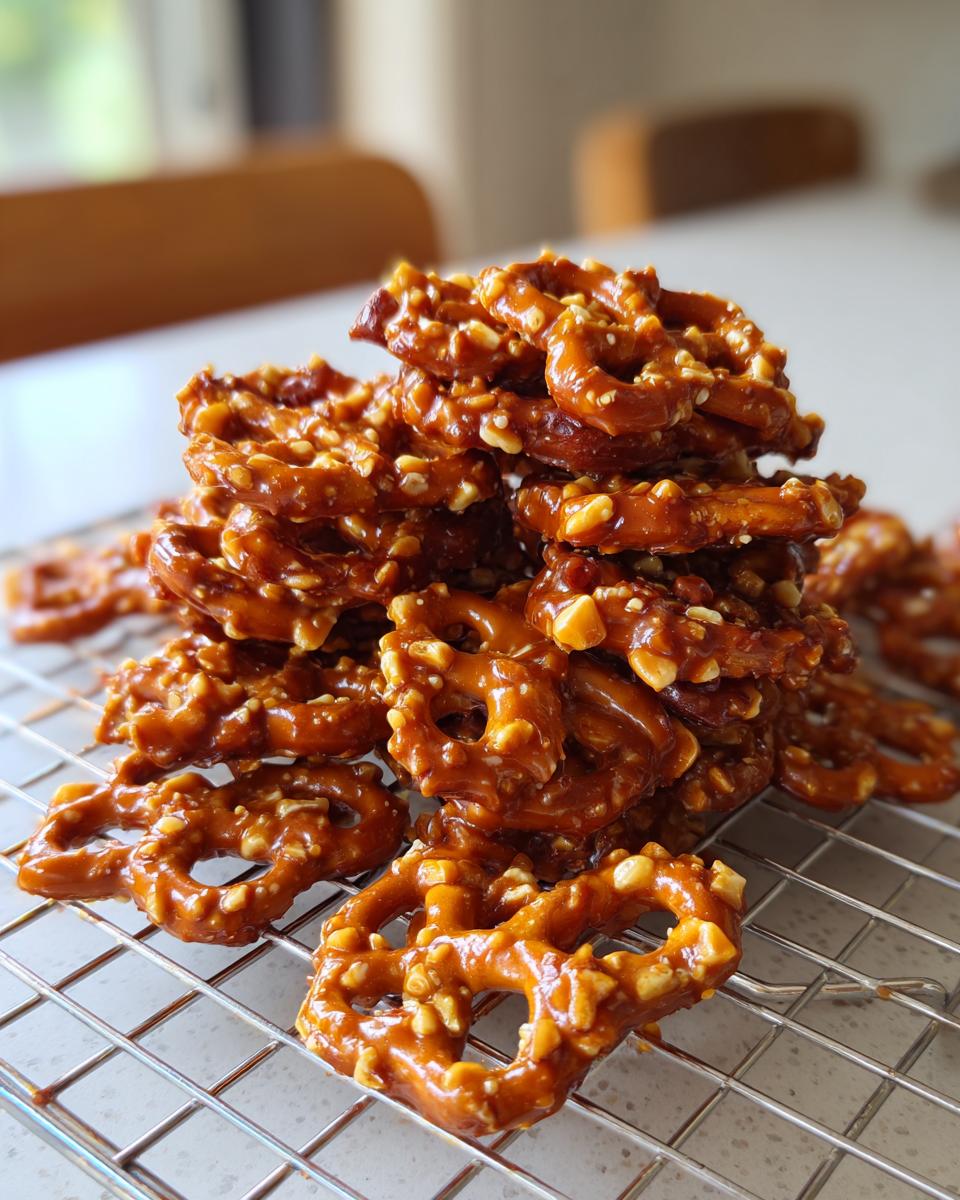 A tall stack of homemade toffee pretzels coated in a shiny caramel glaze with chopped nuts, resting on a wire cooling rack.