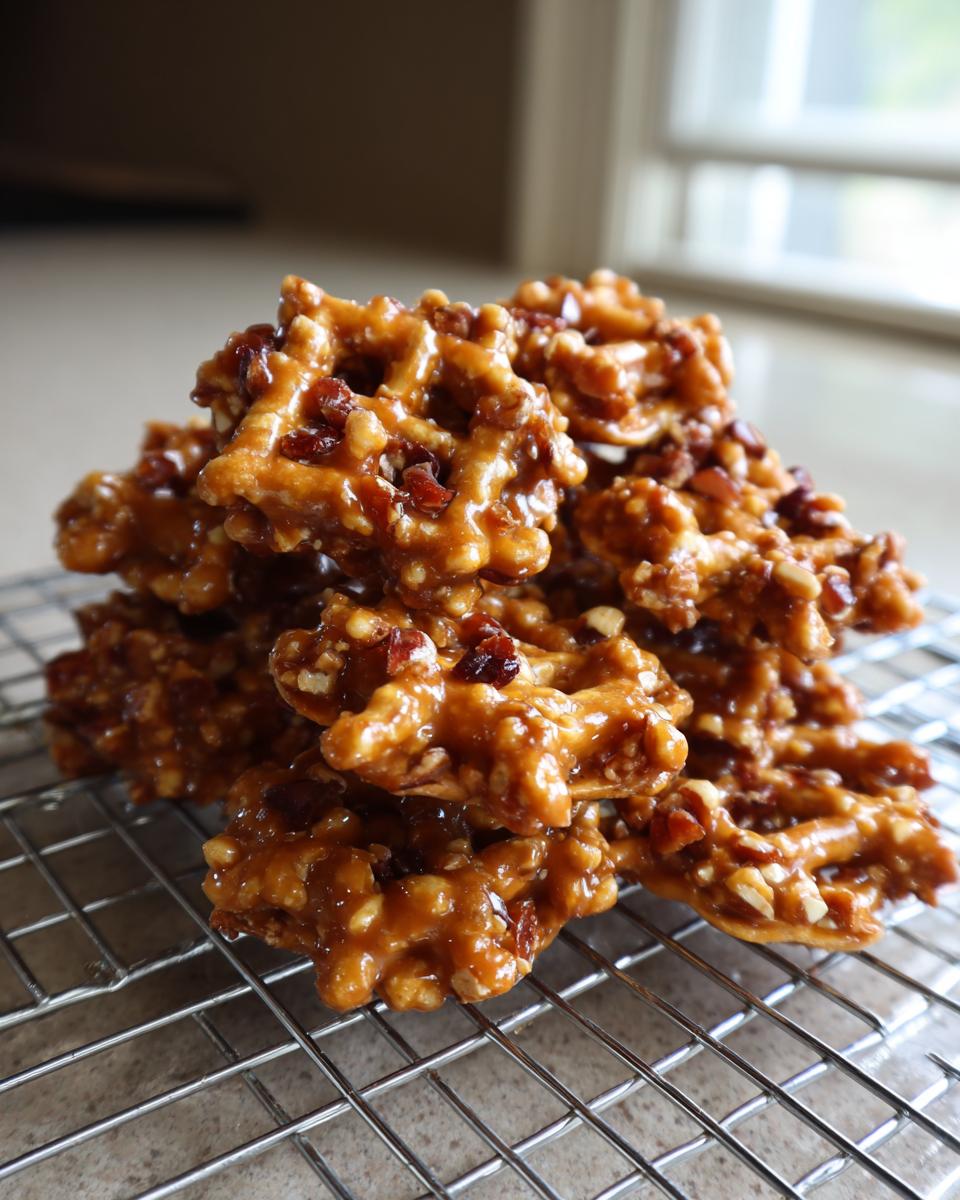 A close-up stack of shiny, caramel-coated toffee pretzels mixed with chopped nuts cooling on a wire rack.