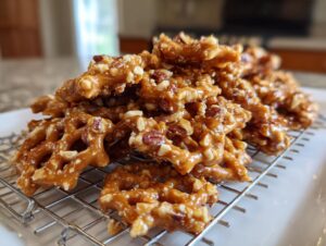 A close-up of a pile of shiny, caramel-coated toffee pretzels covered in chopped nuts cooling on a wire rack.