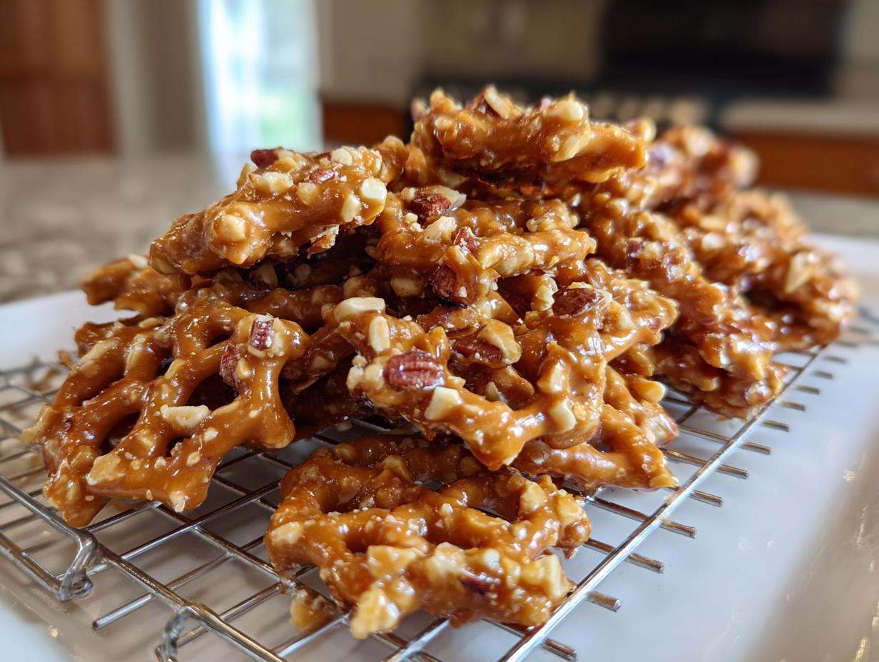 A close-up of a pile of shiny, caramel-coated toffee pretzels covered in chopped nuts cooling on a wire rack.