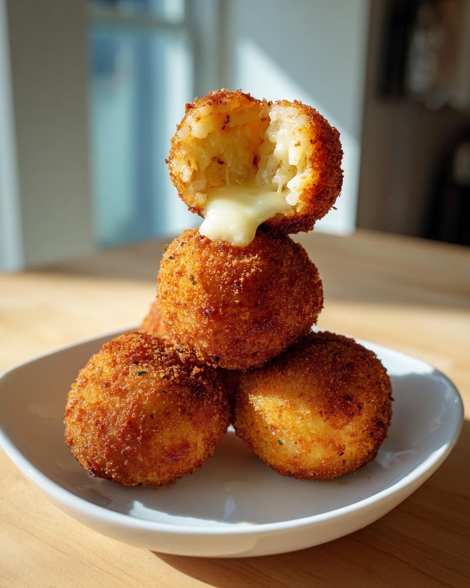 A stack of golden brown air fryer arancini with the top one broken open showing melted cheese oozing out.