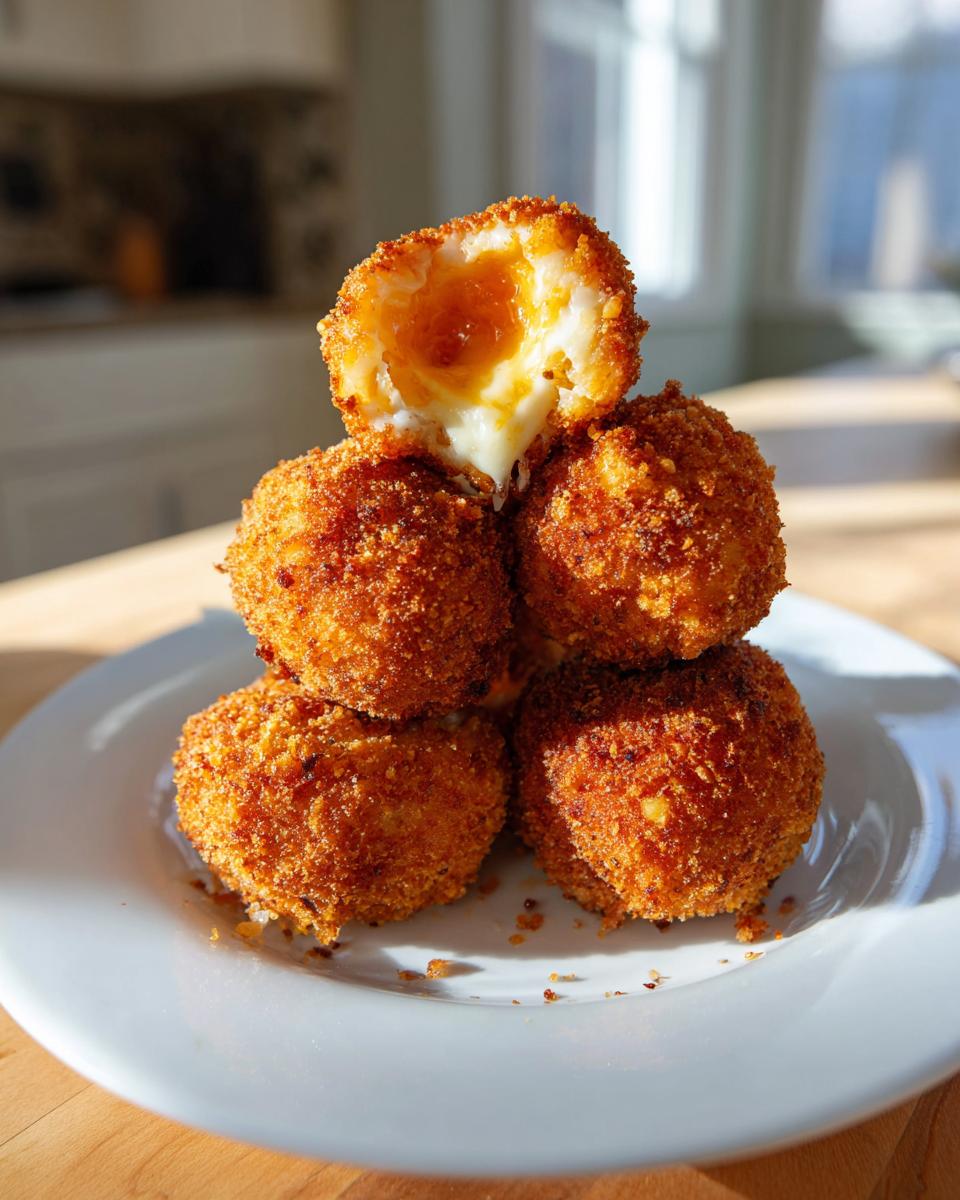 A stack of golden brown air fryer arancini, with the top one broken open showing melted cheese.