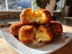 Close-up of golden brown air fryer arancini, one cut open revealing melted cheese filling.