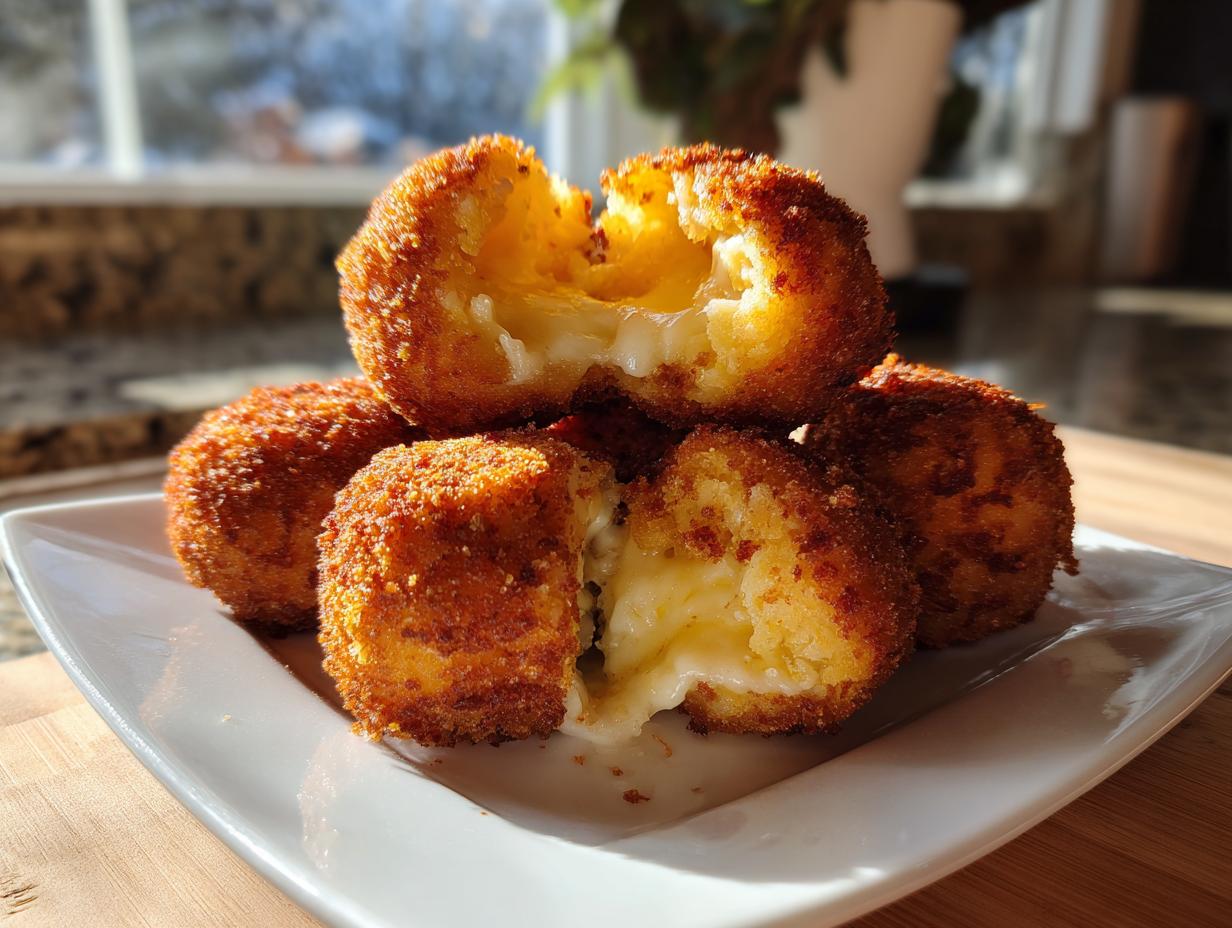 Close-up of golden brown air fryer arancini, one cut open revealing melted cheese filling.