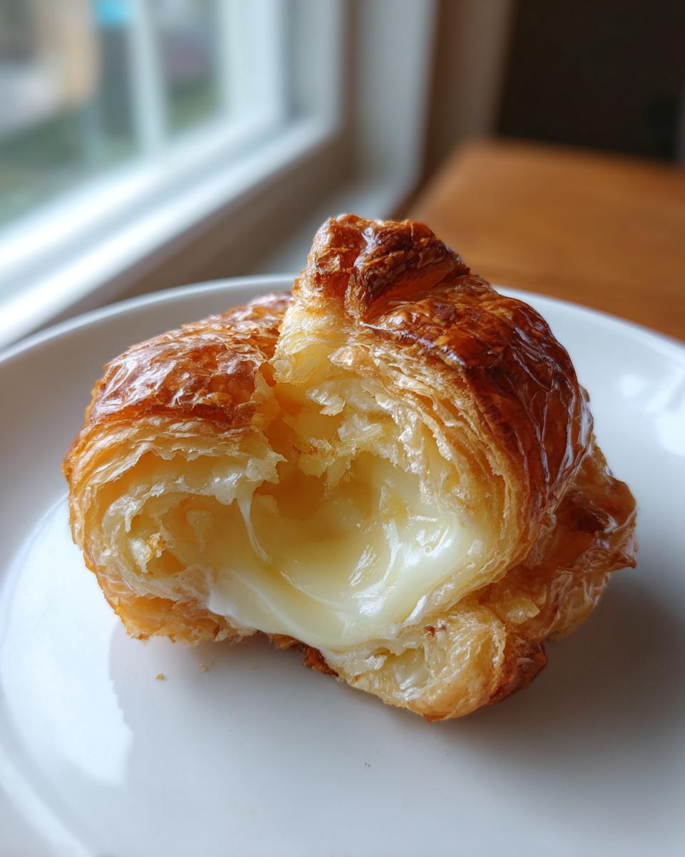 Close-up of golden, flaky puff pastry broken open to reveal gooey, melted brie cheese from an air fryer baked brie.