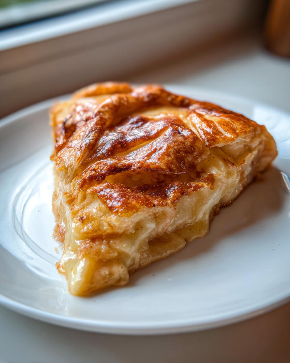 Close-up of a gooey slice of air fryer baked brie wrapped in puff pastry on a white plate.