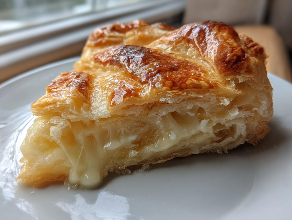 Close-up of a slice of air fryer baked brie wrapped in puff pastry showing gooey, melted cheese oozing out.