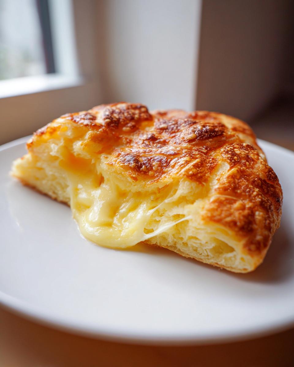 Close-up of a slice of air fryer baked brie wrapped in puff pastry showing gooey, melted cheese.