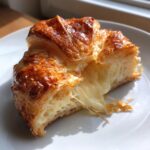 Close-up of a golden brown air fryer baked brie wrapped in puff pastry, showing the melted, gooey brie cheese oozing out.
