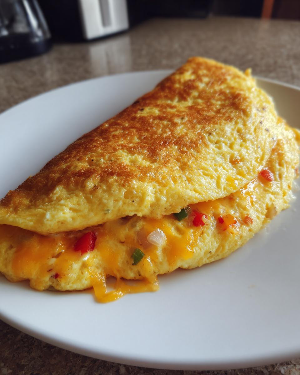 A golden brown, folded air fryer breakfast omelette filled with melted cheddar cheese and diced peppers on a white plate.