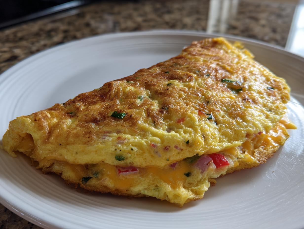 A golden brown, folded air fryer breakfast omelette filled with melted cheddar cheese and diced red peppers on a white plate.