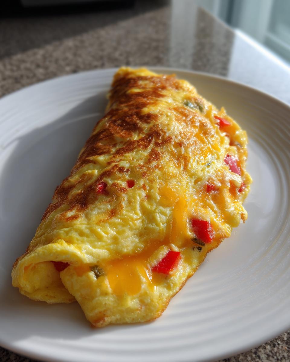 A golden brown, folded air fryer breakfast omelette filled with melted cheddar cheese and diced red peppers on a white plate.