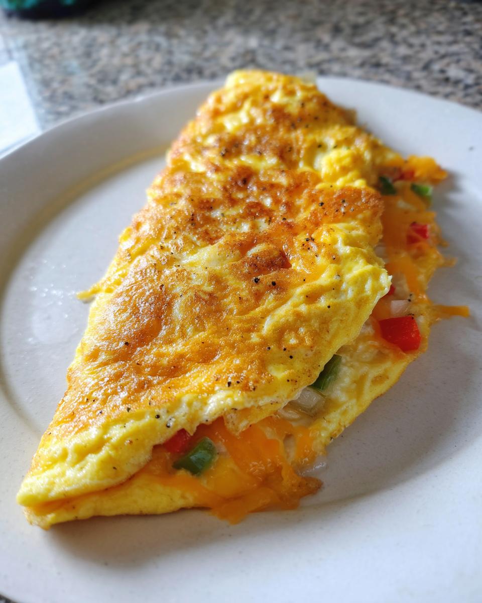 Close-up of a fluffy, golden air fryer breakfast omelette folded over melted cheddar cheese and diced peppers.
