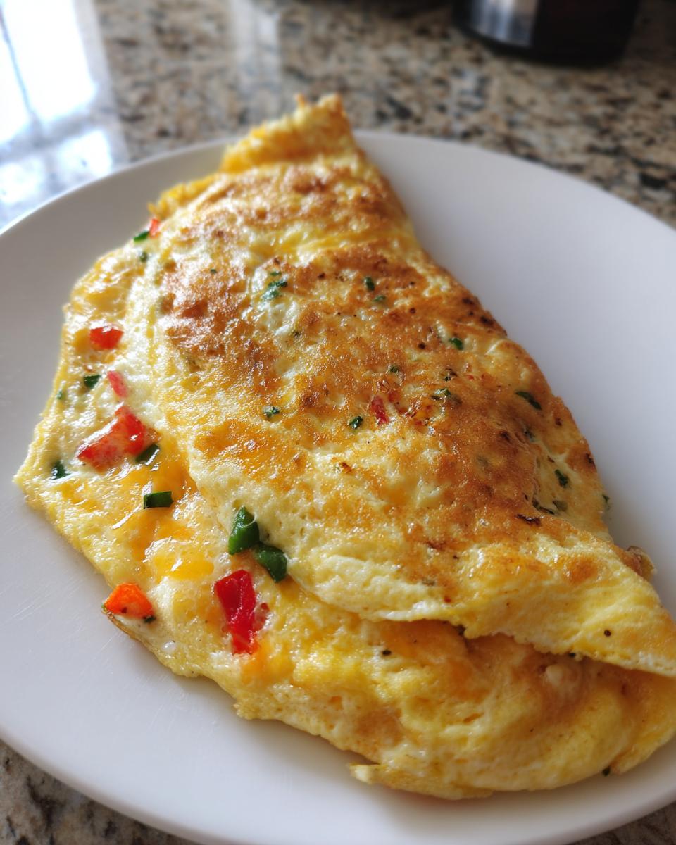 A perfectly cooked, golden-brown air fryer breakfast omelette folded in half on a white plate.