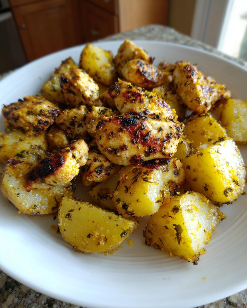 Close-up of seasoned chicken pieces and golden potatoes served on a white plate, representing air fryer greek chicken with potatoes.
