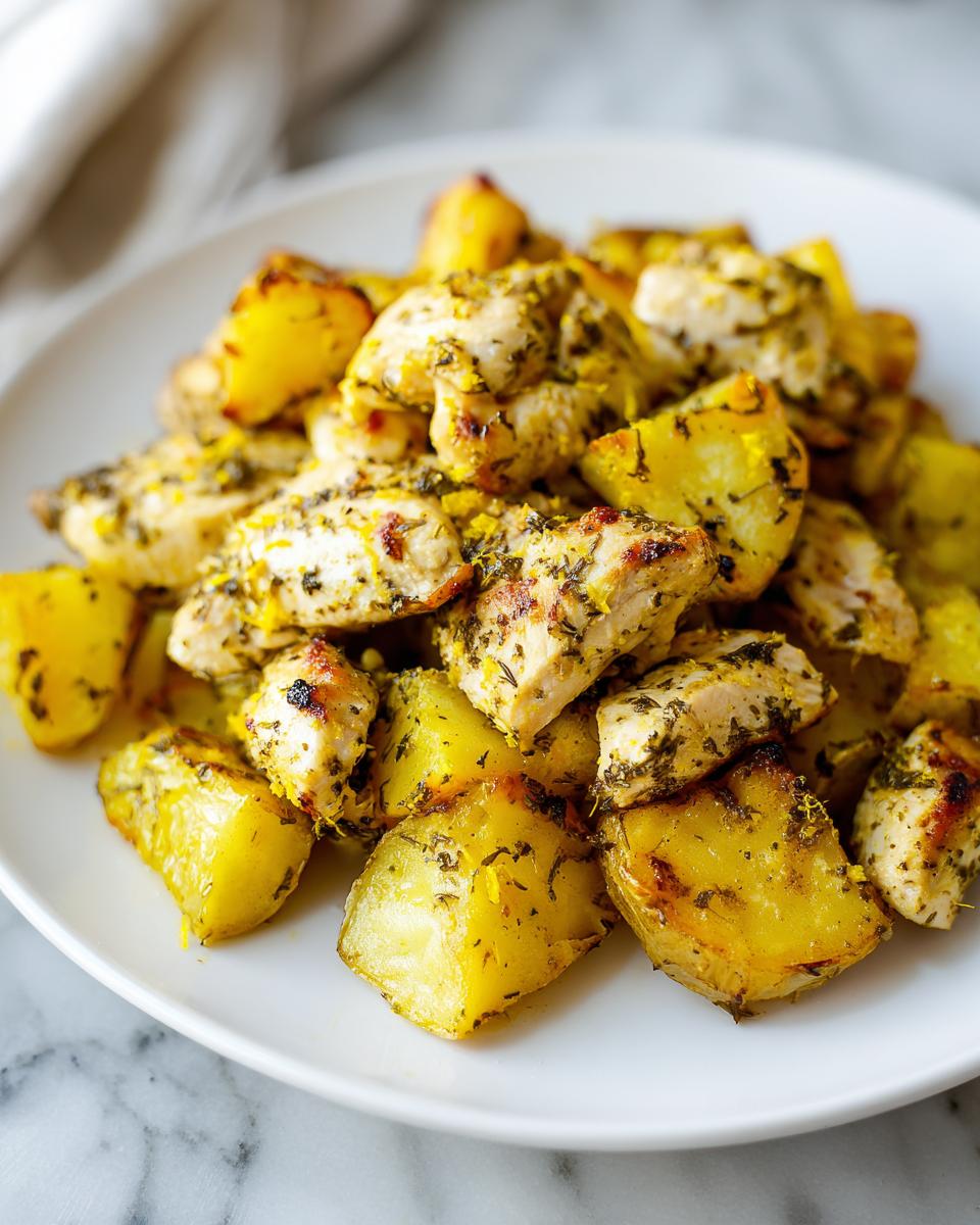 Close-up of seasoned, cubed air fryer greek chicken with potatoes served on a white plate.