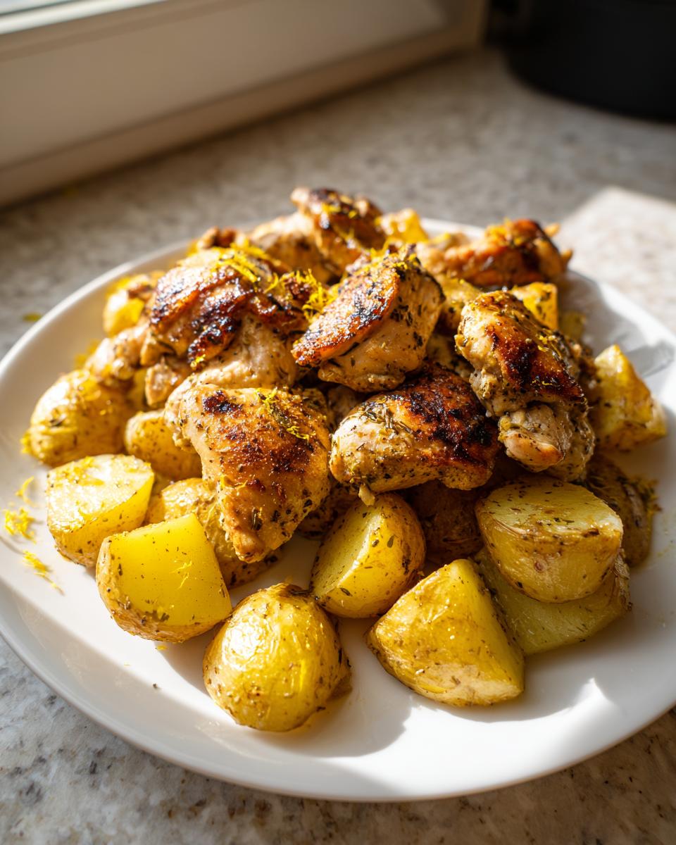Golden brown air fryer greek chicken with potatoes, seasoned and garnished with lemon zest.